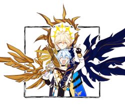 2boys alternate_form antenna_hair armor asymmetrical_wings black_choker black_gloves black_shirt black_wings blonde_hair blue_cape cape choker clawed_gauntlets closed_eyes coat commentary dual_persona fingerless_gloves gloves hair_between_eyes halo halo_behind_head highres honkai:_star_rail honkai_(series) male_focus multiple_boys pauldrons phainon_(honkai:_star_rail) sakae_0_0 shirt short_hair shoulder_armor simple_background single_glove single_pauldron symbol-only_commentary v white_background white_coat white_hair wings yellow_wings