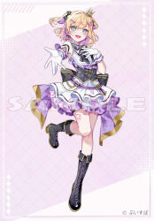1girl black_boots black_bow black_bowtie blonde_hair boots bow bowtie coco7 colored_inner_hair fangs full_body gloves green_eyes heart heart_tattoo knee_boots kurumi_noah leg_tattoo looking_at_viewer multicolored_hair official_art one_side_up open_mouth purple_bow purple_bowtie purple_hair sample_watermark shirt simple_background skirt smile standing standing_on_one_leg tattoo teeth traditional_media upper_teeth_only virtual_youtuber vspo! watermark white_gloves white_shirt white_skirt white_wrist_cuffs wrist_cuffs