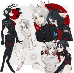 2girls animal_ears antlers ariane_yeong black_hair blush closed_mouth elster_(signalis) furrification furry furry_female furry_with_furry grey_hair heart highres hooves horns implied_fingering multiple_girls open_mouth raccoattack short_hair signalis spoken_heart tail trembling yuri
