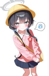1girl absurdres bag bare_legs beads black_hair black_skirt blue_archive blush drawing_flover feet_out_of_frame hair_beads hair_ornament halo hat highres kindergarten_bag kindergarten_uniform kisaki_(blue_archive) kisaki_(kindergarten_uniform)_(blue_archive) kodomo_no_hi light_smile long_hair long_sleeves looking_at_viewer name_tag official_alternate_costume pink_shirt school_hat shirt simple_background skirt smock solo spoken_object twintails very_long_hair white_background yellow_bag yellow_hat
