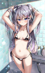 Rule 34 | 1girl, armpits, arms behind head, arms up, bare arms, bare shoulders, bikini, black bikini, breasts, closed mouth, embarrassed, grey hair, hair ribbon, halterneck, highres, indoors, kamikakushi no eden, long hair, looking at viewer, navel, purple eyes, ribbon, sahara386, shiny swimsuit, shiroi shizuku, side-tie bikini bottom, small breasts, solo, standing, stomach, string bikini, swimsuit, thighs, two side up, very long hair