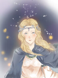 Rule 34 | 1girl, blonde hair, blue eyes, cloak, closed mouth, elf, female focus, floating hair, gem, highres, idril celebrindal, jewelry, looking at viewer, parted bangs, pointy ears, princess, rovaaaa, solo, the silmarillion, tiara, tolkien&#039;s legendarium, upper body