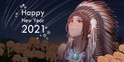 1girl 2021 breasts brown_hair cleavage commentary english_commentary field flower flower_field hanny_(uirusu_chan) headdress highres jewelry julia_chang long_hair looking_up namco native_american native_american_headdress necklace new_year night portrait smile solo tekken