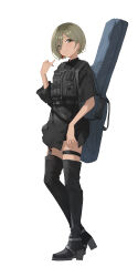 1girl absurdres asymmetrical_sleeves black_boots black_jacket black_shorts boots brown_eyes brown_hair commentary earrings full_body garter_straps girls_band_cry guitar_case hair_between_eyes hand_up highres instrument_case instrument_on_back jacket jewelry load_bearing_vest long_hair_between_eyes looking_at_viewer mole mole_under_eye multicolored_hair pinky_out roots_(hair) rupa_(girls_band_cry) short_hair shorts simple_background solo sukaliya thigh_boots thigh_strap three-quarter_sleeves white_background