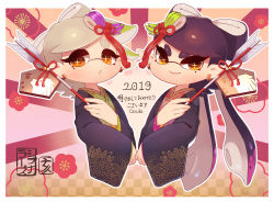 Rule 34 | + +, 2019, 2girls, akeome, artist name, black hair, black kimono, brown eyes, callie (splatoon), chinese zodiac, closed mouth, commentary, cosplay, coula cat, cousins, cropped torso, earrings, ema, flower, frown, furisode, grey hair, hair ornament, happy new year, highres, holding, inkling, japanese clothes, jewelry, kanzashi, kimono, long hair, long sleeves, looking at viewer, marie (kimono) (splatoon), marie (splatoon), marie (splatoon) (cosplay), mole, mole under eye, multiple girls, new year, nintendo, open mouth, pointy ears, print kimono, rising sun flag, short hair, signature, smile, splatoon (series), sunburst, tentacle hair, translation request, upper body, very long hair, wide sleeves, year of the pig