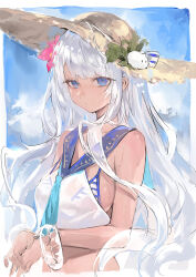 Rule 34 | 1girl, absurdres, animal, bare shoulders, bikini, bikini under clothes, blue bikini, blue eyes, breasts, chinese commentary, commentary request, crop top, flower, hair flower, hair ornament, hat, highres, large breasts, large hat, long hair, long sidelocks, looking at viewer, micro bikini, red flower, see-through clothes, sidelocks, sleeveless, solo, south dakota (warship girls r), straw hat, swimsuit, upper body, warship girls r, water drop, white bikini, white hair, xiangchizhubijin