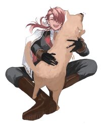 1boy 22kolink :d ^_^ animal boots closed_eyes collared_shirt dog full_body gloves hair_over_one_eye highres holding holding_animal knee_boots low_ponytail mahoutsukai_no_yakusoku male_focus open_mouth pants ponytail shirt sitting smile solo white_background