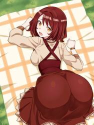 1girl all_fours ass ass_focus blush breasts cameltoe dress embarrassed from_above from_behind hair_ornament hairclip huge_ass large_breasts looking_at_viewer looking_back medium_hair open_mouth orange_eyes original sideboob solo top-down_bottom-up zatsu