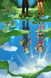 1boy 1girl :d absurdres bandana bike_shorts black_pants black_shorts brendan_(pokemon) brown_hair closed_mouth dress fingerless_gloves gen_3_pokemon gloves green_bandana hat highres kecleon may_(pokemon) nintendo open_mouth orange_dress pants pokemon pokemon_(creature) pokemon_emerald pokemon_rse puddle reflection reflective_water sanno_(snn_3) shirt shorts sleeveless sleeveless_dress smile white_hat