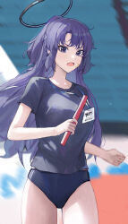 1girl absurdres black_buruma black_shirt blue_archive blue_eyes blurry blurry_background breasts buruma commentary_request cowboy_shot gym_uniform halo highres holding holding_relay_baton jianjia lanyard long_hair looking_at_viewer mechanical_halo medium_breasts official_alternate_costume open_mouth purple_hair red_pupils relay_baton running shirt short_sleeves solo sticker_on_face sweat t-shirt track_and_field yuuka_(blue_archive) yuuka_(track)_(blue_archive)