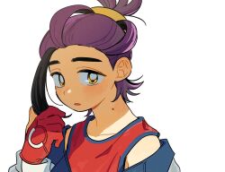 1boy 2hyu_00 bare_shoulders black_hair blueberry_academy_school_uniform blush gloves hand_up jacket kieran_(pokemon) long_sleeves looking_at_viewer male_focus multicolored_hair nintendo official_alternate_costume official_alternate_hairstyle open_clothes open_jacket parted_lips pokemon pokemon_sv portrait purple_hair red_gloves red_tank_top school_uniform simple_background solo tank_top white_background white_jacket yellow_eyes