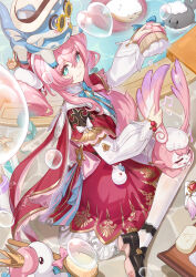 1girl absurdres aqua_bow aqua_bowtie aqua_eyes bath bath_brush black_shoes bow bowtie bubble commentary_request creature_on_head dress dress_bow from_above gold_trim gradient_hair hair_between_eyes hand_up highres holding holding_brush honkai:_star_rail honkai_(series) hyacine_(honkai:_star_rail) innertube little_ica_(honkai:_star_rail) long_hair long_sleeves looking_ahead lying mem_(honkai:_star_rail) multicolored_hair musical_note on_ground pantyhose pink_dress pink_hair pool rx-c shoes sidelocks smile soap soap_bottle soap_bubbles solo spoken_musical_note sunglasses swim_ring twintails white_pantyhose white_sleeves