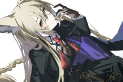 Rule 34 | 1girl, animal ear fluff, animal ears, arknights, black coat, black jacket, black pants, black vest, blonde hair, braid, brown gloves, closed mouth, coat, coat on shoulders, commentary, crossed legs, fox ears, fox girl, gloves, hair between eyes, highres, jacket, long hair, necktie, orange eyes, pants, qtian, red necktie, shirt, sidelocks, single braid, smile, solo, vest, vulpisfoglia (arknights), white shirt