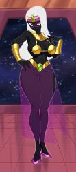 1girl ancient_egyptian_clothes black_skin breasts circlet colored_skin dark-skinned_female dark_skin duck_dodgers eyeshadow female_focus full_body gold hand_on_own_chest hand_on_own_hip high_heels highres indoors jewelry large_breasts long_hair looking_at_viewer makeup metal_bikini metal_bra necklace no_mouth purple_eyes queen_tyr&#039;ahnee raised_eyebrow see-through_clothes see-through_legwear shoes solo space spacezin standing thick_thighs thighs tile_floor tiles vambraces white_hair wide_hips window