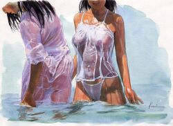 Rule 34 | 1girl, black hair, highres, kanai kiyoaki, nipples, panties, see-through clothes, see-through shirt, shirt, tank top, traditional media, underwear, water, wet, wet clothes, wet panties, wet shirt
