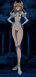 1girl absurdres breasts covered_navel curvy feet futaba_lili_ramses green_eyes hands_on_own_hips high_heels highres legs leotard long_hair looking_at_viewer orange_hair small_breasts solo stitched tentacle_and_witches thick_thighs thighs third-party_edit twintails wide_hips