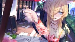 1girl animal_ear_fluff animal_ears aoidelan9 blonde_hair blue_archive blue_eyes blue_jacket blush dog_ears dog_girl extra_ears food hair_over_one_eye highres holding holding_spoon jacket kanna_(blue_archive) long_hair open_mouth parfait pov sharp_teeth sidelocks solo spoon sweater teeth turtleneck turtleneck_sweater white_sweater