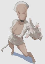 1girl breasts bubble_head_nurse cleavage creepy dated faceless faceless_female full_body gloves hat highres holding holding_weapon horror_(theme) large_breasts looking_at_viewer monster_girl no_eyes no_mouth nurse nurse_(silent_hill) nurse_cap otu_025 reaching reaching_towards_viewer shiny_skin silent_hill_(series) silent_hill_2 simple_background solo standing weapon white_gloves wide_hips