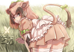 Rule 34 | 1girl, all fours, animal ears, apron, back bow, black gloves, blush, bow, brown eyes, brown hair, brown shirt, brown skirt, bug, butterfly, cow ears, cow girl, cow tail, elbow gloves, extra ears, frilled apron, frills, gloves, grass, green bow, hair bow, highres, insect, jersey cattle (kemono friends), kemono friends, kosai takayuki, looking at viewer, looking back, multicolored hair, pleated skirt, puffy short sleeves, puffy sleeves, shirt, short hair, short sleeves, sidelocks, skirt, sleeve bow, solo, tail, tail bow, tail ornament, thighhighs, two-tone gloves, white apron, white gloves, white thighhighs, zettai ryouiki