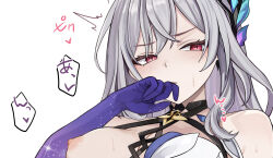 Rule 34 | 1girl, bare shoulders, breasts, commentary request, cropped, elbow gloves, embarrassed, genshin impact, gloves, hair between eyes, hair ornament, hand to own mouth, light blush, long hair, nipples, paid reward available, red eyes, se34tai, simple background, skirk (genshin impact), solo, sweatdrop, translation request, white background, white hair