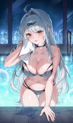 Rule 34 | 1girl, absurdres, ahoge, alternate costume, bare shoulders, bikini, black bikini, black choker, blue hair, blush, breasts, choker, cleavage, closed mouth, collarbone, commentary request, hair between eyes, halterneck, highres, holding, holding towel, ien (to yen), indoors, large breasts, long hair, looking at viewer, navel, night, parted lips, pool, solo, stomach, string bikini, swimsuit, towel, very long hair, wet, yellow eyes, yixuan (zenless zone zero), zenless zone zero