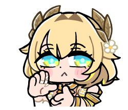 1girl aglaea_(honkai:_star_rail) ancient_greek_clothes bkub blonde_hair blue_eyes blush_stickers chibi chibi_only closed_mouth commentary dot_nose dress english_commentary flower frown greco-roman_clothes guest_art hair_between_eyes hair_flower hair_ornament honkai:_star_rail honkai_(series) laurel_crown multicolored_eyes official_art second-party_source short_hair simple_background solo transparent_background white_dress white_flower yellow_eyes