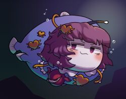 1girl :3 blush bubble closed_mouth commentary_request fish full_body hair_ornament heart heart_hair_ornament human_head komeiji_satori looking_at_viewer purple_eyes purple_hair short_hair smile smug solo third_eye tonchamon_san touhou underwater v-shaped_eyebrows