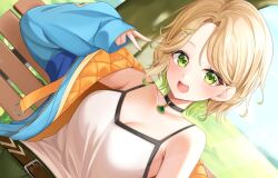 1girl bare_shoulders belt black_choker blonde_hair blue_jacket breasts camisole choker cleavage collarbone colored_inner_hair commission down_jacket dutch_angle green_eyes green_hair hair_ornament hairclip jacket looking_at_viewer miyagi_ratona multicolored_hair off_shoulder open_clothes open_jacket open_mouth original shirt short_hair skeb_commission sleeveless sleeveless_shirt small_breasts smile solo spaghetti_strap white_shirt