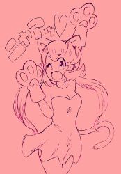 1girl animal_ears animal_hands breasts cat_ears cat_tail cleavage cowboy_shot dress fang heart lineart looking_at_viewer mallow_(pokemon) mameta_(mmtp_k10) nintendo one_eye_closed pink_theme pokemon pokemon_sm solo strapless strapless_dress stretching tail