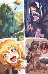 4girls absurdres blonde_hair colored_skin dark-skinned_female dark_skin drayla dryad fox_girl fox_tail giant giantess green_hair green_skin highres imminent_vore japanese_clothes karbo kitsune loincloth looking_at_viewer looking_back multiple_girls open_mouth saliva smile tail uvula vore yang_xiao_long