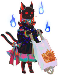 1girl alternate_form animal animal_hands black_bow black_cat bow bowtie braid cat collar egguv floral_print flower frilled_collar frilled_shirt_collar frilled_skirt frills green_bow hair_bow highres hitodama kaenbyou_rin kaenbyou_rin_(cat) long_sleeves multiple_hair_bows multiple_tails patterned_clothing red_eyes red_hair signature skirt solo standing sunflower tail thigh_strap touhou twin_braids two_tails wheelbarrow
