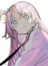 1girl alver blue_eyes bocchi_the_rock! cube_hair_ornament gotoh_hitori hair_between_eyes hair_ornament jacket long_hair one_side_up pink_hair pink_jacket simple_background smile solo sweatdrop track_jacket upper_body white_background