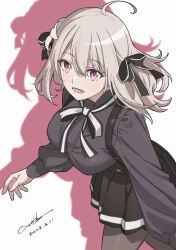 1girl :d ahoge black_pantyhose black_ribbon black_shirt black_skirt blush breasts dated grey_hair hair_between_eyes hair_ribbon highres large_breasts lily_(spy_kyoushitsu) looking_at_viewer medium_hair open_mouth pantyhose red_eyes ribbon shadow shirt signature skirt smile solo spy_kyoushitsu werkbau white_background