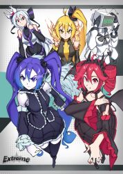 Rule 34 | 5girls, absurdres, ahoge, akita neru, alternate costume, alternate hair color, antenna hair, bat wings, black boots, black bow, black headdress, black necktie, black shirt, black skirt, black thighhighs, blonde hair, boots, bow, bowtie, breasts, cleavage cutout, clenched hands, clothing cutout, colored skin, covered navel, crop top, demon horns, derivative work, detached sleeves, dragon ball, dragon ball super, dress, drill hair, echo (vocaloid), english text, fang, feathered wings, fire, flaming eyes, frilled dress, frilled shirt, frilled sleeves, frills, from above, full body, grey bow, grey bowtie, hair between eyes, hatsune miku, highres, horns, kasane teto, ksayyn, looking ahead, looking at viewer, maid headdress, medium breasts, miniskirt, multiple girls, necktie, original, pleated skirt, polka dot, polka dot background, primadonna (echo), purple eyes, purple fire, purple hair, purple necktie, red eyes, red fire, red hair, red nails, school uniform, serafuku, shirt, short necktie, skirt, sleeveless, song name, star (symbol), television, thighhighs, twin drills, twintails, utau, vocaloid, white serafuku, white skin, wings, yellow eyes, yellow necktie, yowane haku, zettai ryouiki
