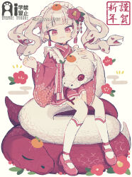 Rule 34 | 1girl, :3, absurdres, blunt bangs, blush stickers, chinese zodiac, closed mouth, commentary request, flower, full body, grey hair, hair flower, hair ornament, highres, japanese clothes, kanamochi kanato, kimono, long sleeves, looking at viewer, mary janes, new year, original, red eyes, red kimono, red shoes, shoes, sitting, smile, snake, snake hair, socks, solo, twintails, twitter username, watermark, white background, white socks, wide sleeves, year of the snake