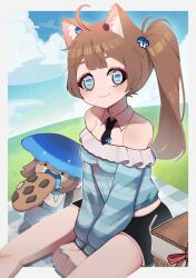 Rule 34 | 2024, 2girls, @ @, absurdres, ahoge, blanket, blue nails, brown hair, cookie, eating, food, grass, highres, ifera, indie virtual youtuber, multiple girls, picnic, shirt, sitting, striped clothes, striped shirt, yuu dai 1998