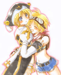 2000s_(style) 2girls arch_bishop_(ragnarok_online) bandana bell black_dress black_hat blacksmith_(ragnarok_online) blonde_hair blue_eyes blue_shorts blush closed_eyes commentary_request cowboy_shot crop_top cross dress fishnet_thighhighs fishnets goggles goggles_on_head hat hat_bell hug jingle_bell juliet_sleeves long_sleeves looking_at_another midriff multiple_girls navel noah_hat_(ragnarok_online) open_mouth puffy_sleeves ragnarok_online red_bandana ribbon-trimmed_thighhighs ribbon_trim shirt short_hair short_shorts shorts simple_background smile suni_(pixiv401818) thighhighs two-tone_dress white_background white_dress white_shirt white_thighhighs