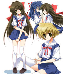 Rule 34 | 00s, 1boy, 2girls, blonde hair, blue hair, brown hair, clannad, clannad after story, crossdressing, hair ribbon, holding hands, long hair, multiple girls, paco, ribbon, sagara misae, school uniform, shima katsuki, shoes, thighhighs, trap, yellow eyes