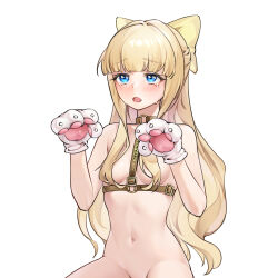 1girl animal_hands arms_up bare_shoulders bdsm blonde_hair blue_eyes blunt_bangs bow breasts censored comm commentary commentary_request crying hair_bow hair_censor long_hair magia_sulfur mahou_shoujo_ni_akogarete mian_li navel nude o-ring open_mouth small_breasts solo tenkawa_kaoruko