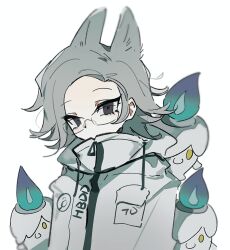 1boy 3others ac_warlock animal_ears aotsuki_eito blue_fire breast_pocket candle crossover fire gen_5_pokemon glasses grey_eyes grey_hair highres jacket kemonomimi_mode litwick looking_at_viewer multiple_others nintendo pocket pokemon pokemon_(creature) short_hair simple_background solid_oval_eyes the_hundred_line_-last_defense_academy- white_background white_jacket yellow_eyes