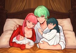 2boys 2girls baby blue_hair breasts carrying carrying_baby carrying_person child cleavage commentary commission dress english_commentary father_and_daughter father_and_son fire_emblem fire_emblem:_three_houses green_eyes green_hair highres hilda_valentine_goneril hilda_valentine_goneril_(timeskip) if_they_mated large_breasts long_hair lying male_byleth_(enlightened)_(fire_emblem) male_byleth_(fire_emblem) mother_and_daughter mother_and_son multiple_boys multiple_girls nintendo on_bed pillow pink_eyes pink_hair ponytail red_dress sethkiel shirt short_hair white_dress white_shirt