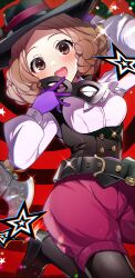 1girl ascot axe belt black_hat black_mask black_pantyhose black_shoes black_vest blush brown_eyes brown_hair commentary doughnut_(smmp4848) forehead gloves hat highres holding holding_mask long_sleeves mask medium_hair noir_(persona_5) okumura_haru open_mouth pantyhose persona persona_5 pink_shirt pink_shorts puffy_shorts purple_gloves red_background shirt shoes shorts smile solo star_(symbol) vest weapon