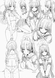 1girl bikini blue_archive braid gloves greyscale haruyukiko hat_on_back highres long_hair long_sleeves miyu_(blue_archive) miyu_(swimsuit)_(blue_archive) monochrome multiple_views neckerchief pleated_skirt sailor_collar school_uniform serafuku skirt swimsuit twin_braids