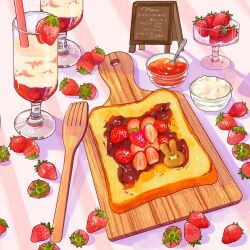 bread bread_slice cup drinking_straw food food_focus fruit glass glass_plate highres menu_board miri_illust no_humans original parfait spoon strawberry sweets toast wooden_fork