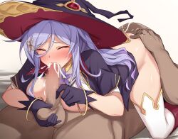 1boy 1girl 69 absurdres breasts caressing_testicles censored closed_eyes commentary_request commission cum cum_in_mouth cum_overflow fellatio flower_knight_girl fox_face_(flower_knight_girl) girl_on_top gloves hat hetero highres large_breasts large_variant_set long_hair lying mosaic_censoring on_back oral penis purple_gloves purple_hair purple_hat sabo_(12454861) skeb_commission testicles variant_set witch_hat