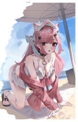 1girl absurdres ahoge all_fours animal_ears artist_name asahiske bare_shoulders beach bikini black_bow black_choker black_sandals blue_bow blue_sky blush bow breasts cardigan cat_choker cat_ears cat_girl choker cleavage collarbone commentary day english_commentary extra_ears fish_hair_ornament footwear_bow frilled_bikini frills ghost_hair_ornament hair_bow hair_ornament hairclip heart heart_hair_ornament heart_o-ring highres indie_virtual_youtuber large_breasts long_hair long_sleeves looking_at_viewer maid_headdress o-ring o-ring_bikini o-ring_choker open_mouth outdoors parasol paw_print pink_cardigan pink_eyes pink_hair sand sandals sky solo swimsuit thigh_strap thighs umbrella virtual_youtuber white_background white_bikini wing_hair_ornament yuuki_sakuna