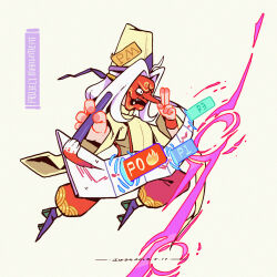 1other ahoge arm_up artist_name aura character_name chromatic_aberration covered_face dated english_text full_body geta gold_trim hair_intakes hand_up hat holding holding_paintbrush iwse_zhang kuji-in long_sleeves mask medium_hair oni_mask original other_focus outstretched_arm paintbrush pants puffy_pants purple_shoes red_pants shirt shoes signature simple_background solo white_background white_hair wide_sleeves wristband yellow_hat yellow_shirt