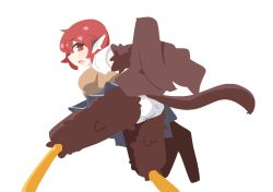 Rule 34 | 1girl, animal ears, big o pants, bird ears, bird legs, bird tail, blush, breasts, brown feathers, brown vest, brown wings, commentary request, feather fingers, feathers, fio-chan (big o pants), harpy, large breasts, long hair, looking at viewer, looking back, monster girl, no lineart, open mouth, original, panties, red eyes, red hair, solo, tail, transparent background, underwear, upskirt, vest, white panties, winged arms, wings