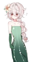 1girl braid closed_mouth cookie_run cookie_run:_kingdom crk_gyul dress flower gloves green_dress green_gloves hair_flower hair_ornament highres humanization lily_(flower) long_hair looking_at_viewer red_eyes simple_background solo very_long_hair white_background white_flower white_hair white_lily white_lily_cookie