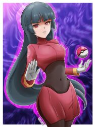 1girl absurdres artist_name blue_hair blunt_bangs bodysuit bodysuit_under_clothes breasts crop_top floating floating_object gloves highres hime_cut imavizard jacket long_hair long_sleeves medium_breasts nintendo parted_lips pencil_skirt poke_ball poke_ball_(basic) pokemon pokemon_frlg red_eyes red_jacket red_skirt sabrina_(pokemon) skin_tight skirt solo straight_hair telekinesis turtleneck turtleneck_jacket white_gloves